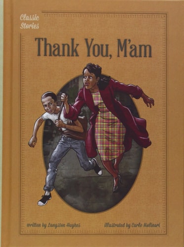 Book cover of 'Thank You, M'am' with illustration of two characters on a brown background