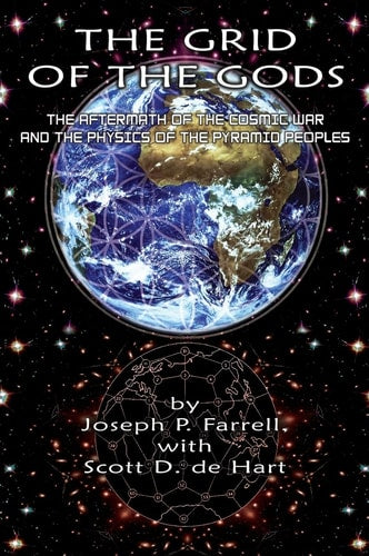 Book cover of 'The Grid of the Gods' with Earth and geometric designs on a starry background.