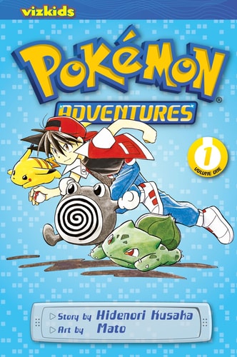 Pokémon Adventures book cover with character and Pokémons on a blue background