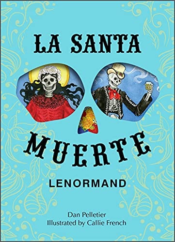 Book cover of 'La Santa Muerte Lenormand' with colorful illustrations of skeletons on a blue background.