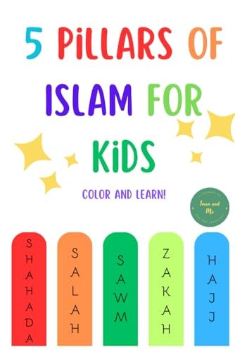 Colorful book cover with '5 Pillars of Islam for Kids' and corresponding icons.