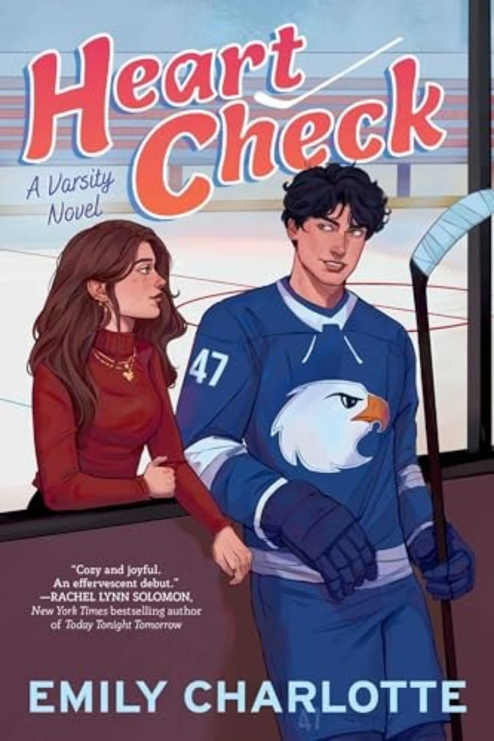 Book cover of 'Heart Check' featuring two characters in front of a hockey rink.