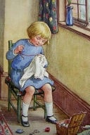 Illustration of a young boy sitting on a chair with a window in the background
