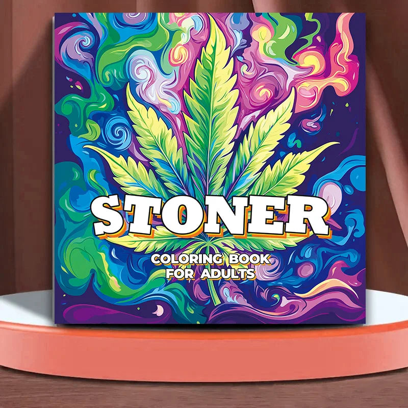 Colorful 'Stoner Coloring Book for Adults' with a cannabis leaf design on a brown background.