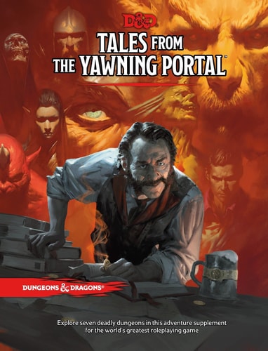 Book cover of 'Tales from the Yawning Portal' for Dungeons & Dragons with a character and text on a red background.