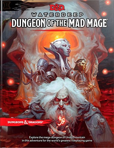 Book cover of 'Dungeon of the Mad Mage' from Dungeons & Dragons featuring fantasy characters and a large skull.