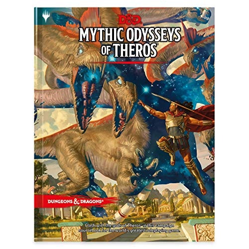 Cover of 'Mythic Odysseys of Theros' for Dungeons & Dragons featuring a dragon and warrior.