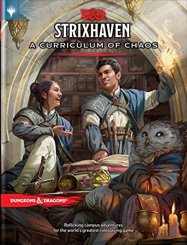 Dungeons & Dragons Strixhaven: A Curriculum of Chaos book cover with two characters and a creature in a room.