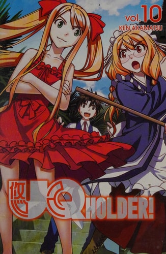 Anime book cover featuring two characters with a smaller character in the background, with 'UQ Holder!' branding.