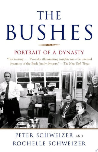 Book cover of 'The Bushes: Portrait of a Dynasty' with black and white photo of people in an office setting.