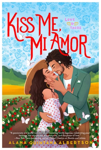 Book cover of 'Kiss Me, Mi Amor' with a couple embracing in a field.