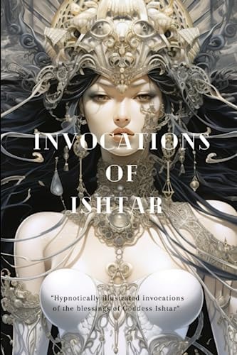 A book cover for 'Invocations of Ishtar' featuring an illustrated woman with a intricate headdress against a predominantly white background.