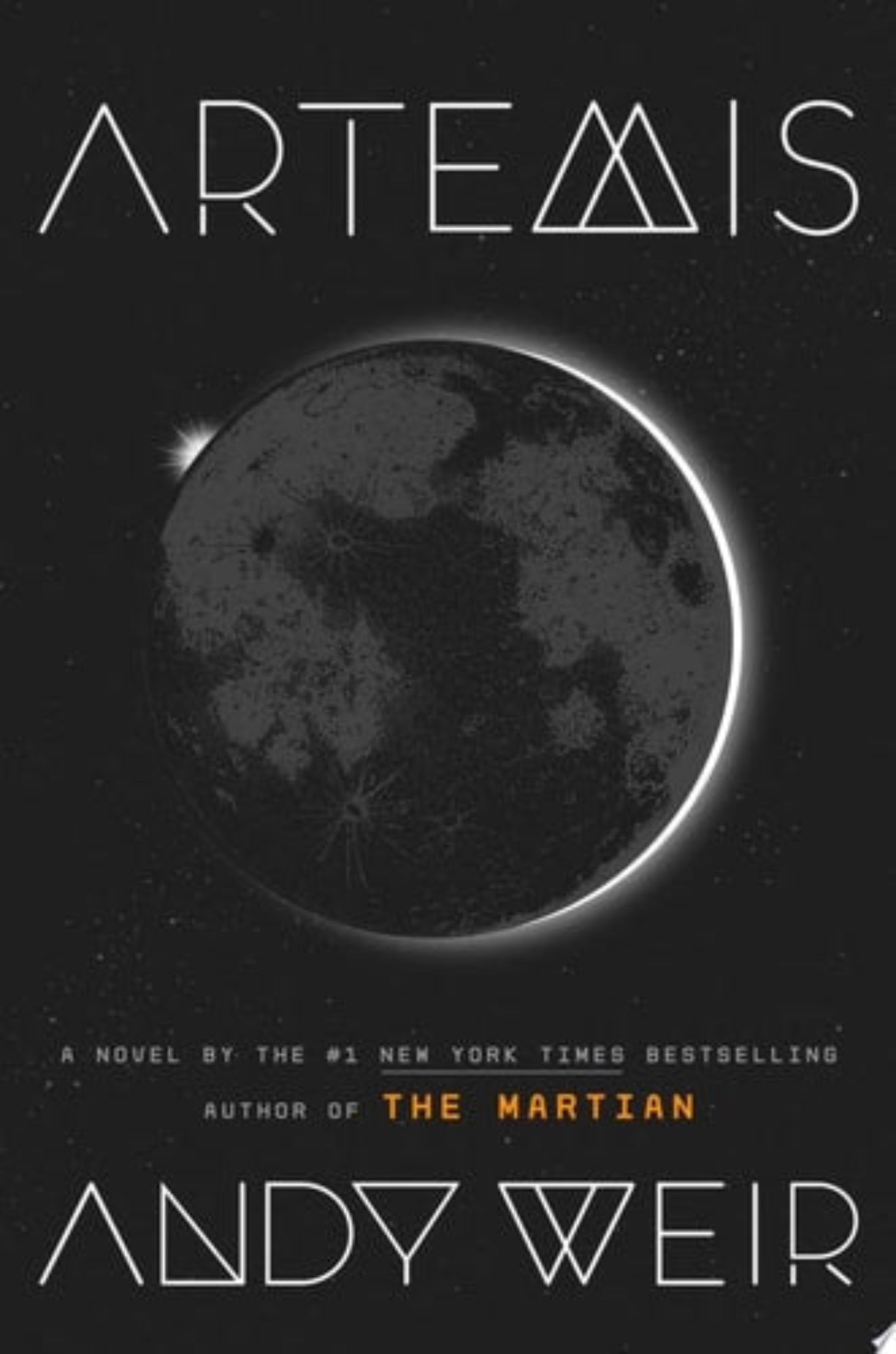 Book cover of 'Artemis' by Andy Weir featuring a moon and solar eclipse illustration.