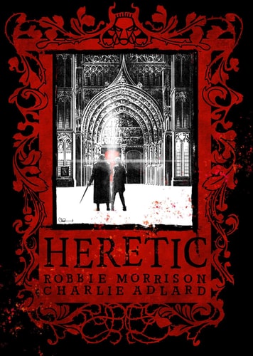 Book cover of 'Heretic' with gothic architecture and red decorative elements.