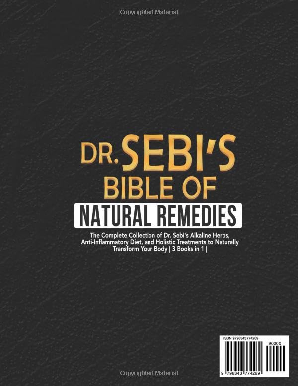 Book back cover of 'Dr. Sebi's Bible of Natural Remedies' with gold and white text on a black background.