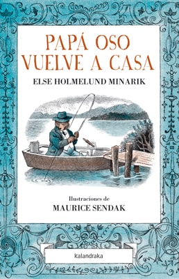 Book cover of 'Pápó Oso Vuelve a Casa' with illustration of a person in a boat and decorative elements.