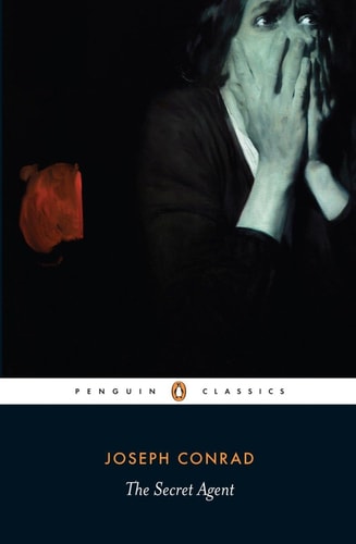 Book cover of 'The Secret Agent' by Joseph Conrad with a person covering their face and a red apple.