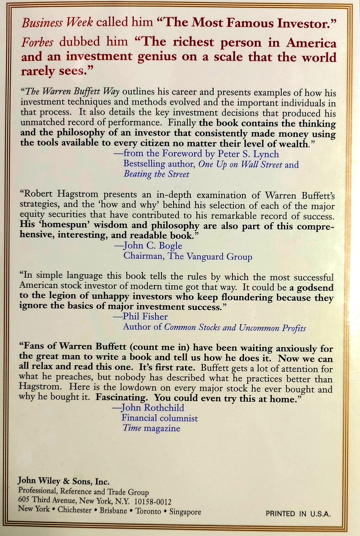 Book back cover of the book 'The Warren Buffett Way' by Robert G. Hagstrom, featuring a description of the book and praise for the world's most successful investors, including Peter S. Lynch, the author of the book's foreword.