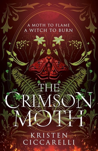 Book cover of 'The Crimson Moth' with a red moth and floral design on a dark background.