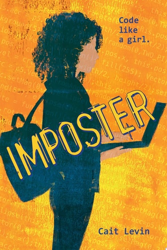 Book cover of 'Imposter' by Cait Levin with a silhouette of a person holding a laptop against an orange background.