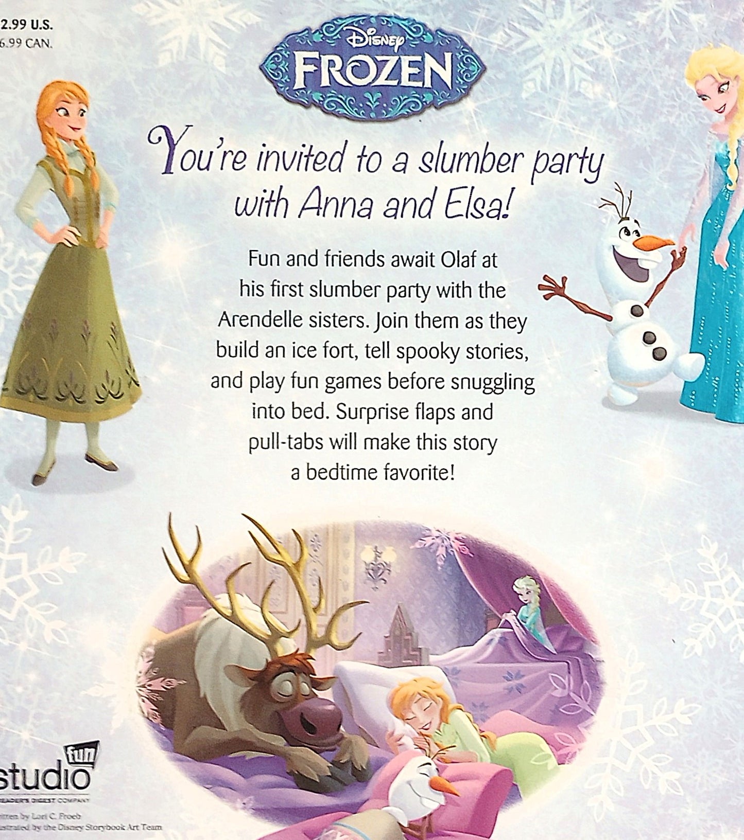 Book back cover image for a 'Disney Frozen: Time for Bed, Olaf!' slumber party invitation with characters Anna, Elsa, and Olaf.
