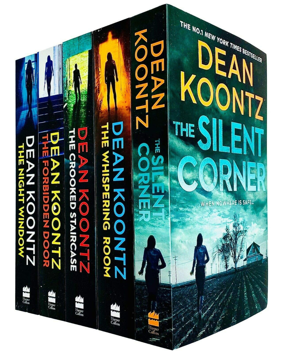 Collection of Dean Koontz books with colorful covers on a white background