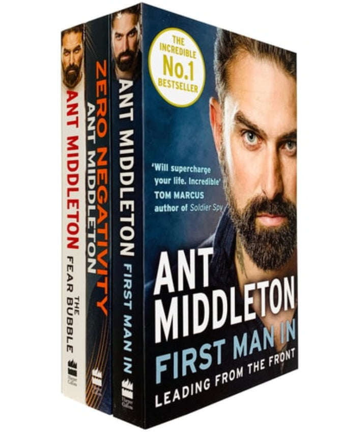 A collection of three books by Ant Middleton, titled 'Zero Negativity', 'The Fear Bubble', and 'First Man In: Leading from the Front'. The covers feature a man with a beard and military-style haircut, looking contemplative.