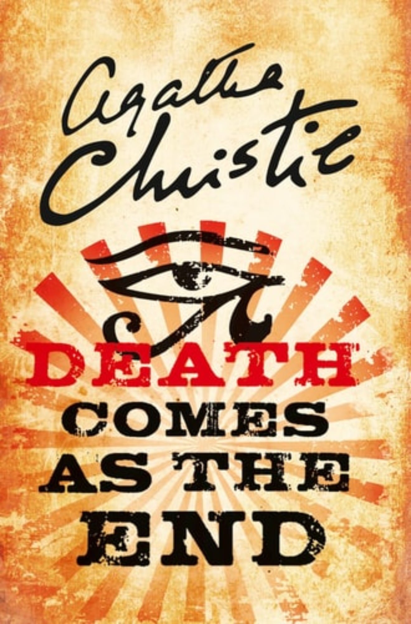 X213 Book cover of 'Death Comes as the End' by Agatha Christie with eye symbol and text on a textured background.