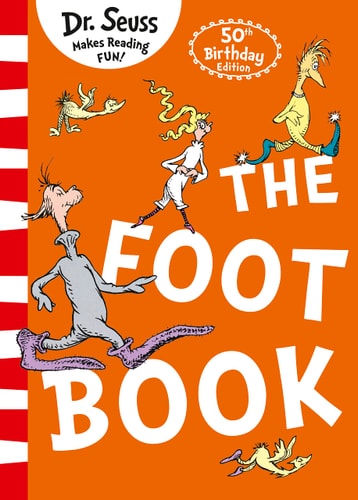 Book cover of 'The Foot Book' with Dr. Seuss characters on an orange and red striped background.
