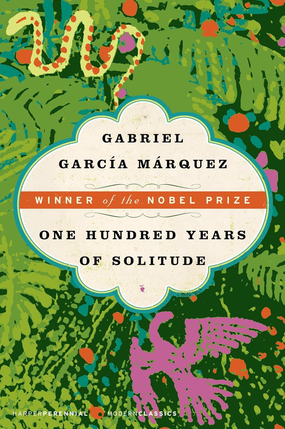 Book cover of 'One Hundred Years of Solitude' by Gabriel García Márquez with colorful design elements.