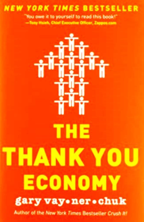 The cover of the book 'The Thank You Economy' by Gary Vaynerchuk features an orange design with a graphic of people. The author is a speaker and the book is a bestseller.