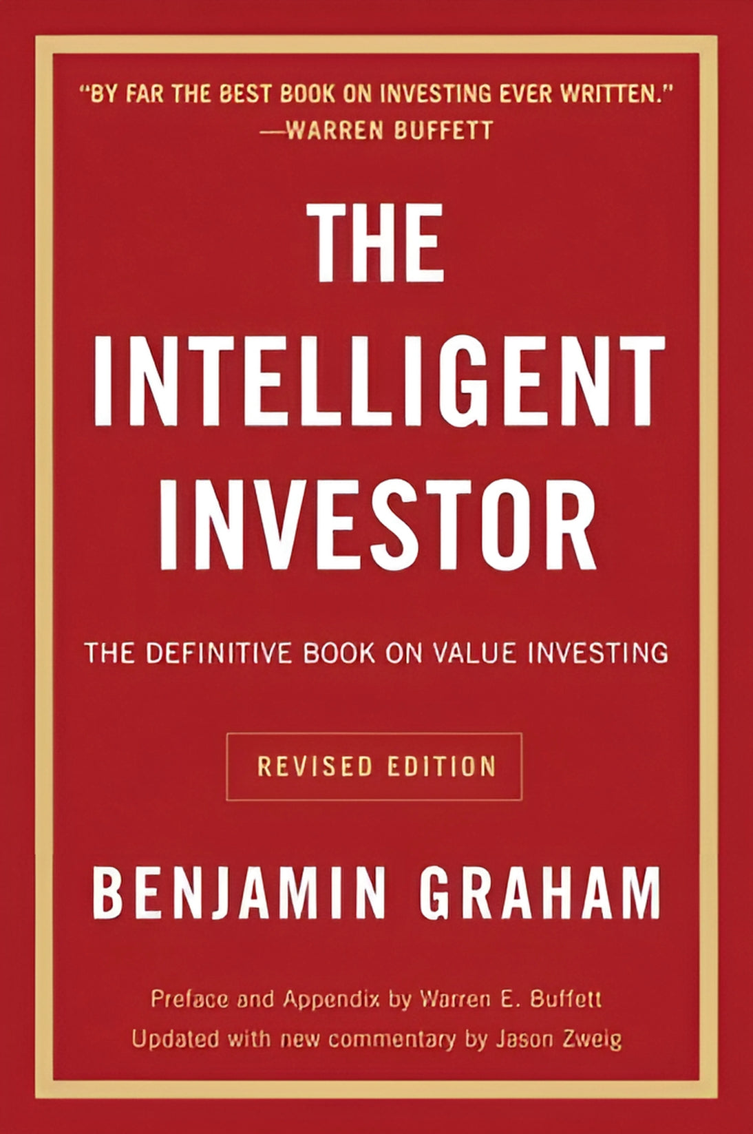 Book cover of 'The Intelligent Investor' by Benjamin Graham with a red background and gold border.