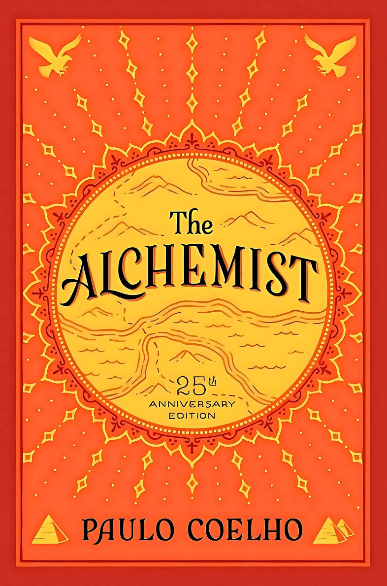 Cover of 'The Alchemist' by Paulo Coelho, featuring a illustration of a man within a circle, surrounded by a decorative border with birds and symbols.
