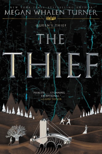 Cover of the book 'The Thief' by Megan Whalen Turner, featuring an illustration of a character and a stylized representation of a cityscape in the background.