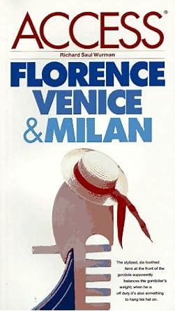Cover of the book 'Access Florence, Venice & Milan' by Richard Saul Wurman, featuring a graphic design related to italian elements and the Italian flag with blurb about the travel guidebook