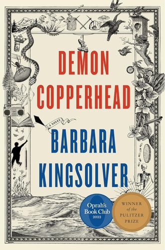 Book cover of 'Demon Copperhead' by Barbara Kingsolver with decorative elements and awards.