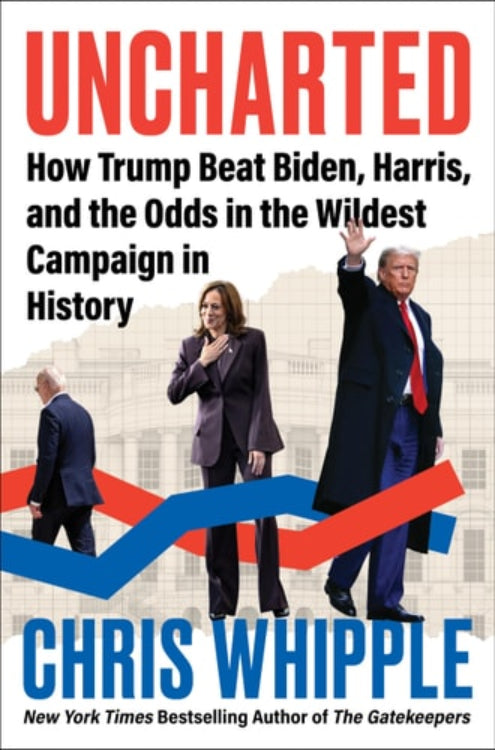 Book cover of 'Uncharted: How Trump Beat Biden, Harris, and the Odds in the Wildest Campaign in History' by Chris Whipple, featuring photographs of political figures and a graphic representation of a campaign ribbon.