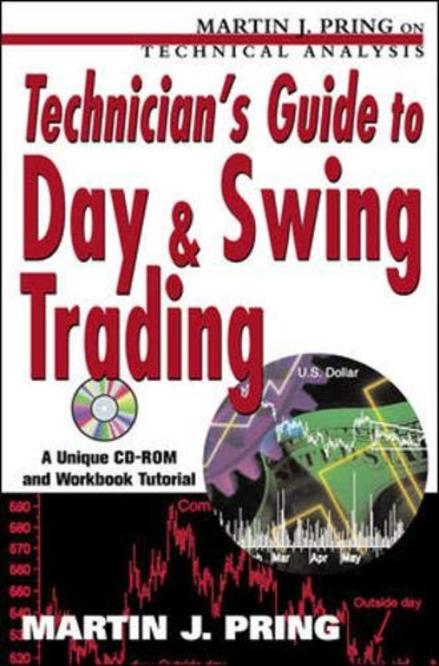 The cover of the book 'Technician's Guide to Day and Swing Trading' by Martin J. Pring, featuring a title and subtitle, author's name, and a graphic representation of a stock market chart.