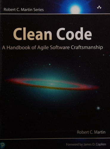 The cover of the book 'Clean Code' by Robert Martin features a starry sky with a prominent galaxy and the title in white text.
