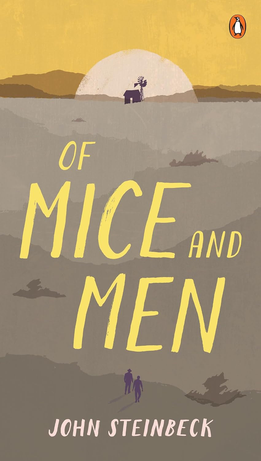 Book cover of 'Of Mice and Men' by John Steinbeck, featuring a desert landscape with a setting sun and two silhouetted figures.