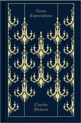 Cover of Great Expectations by Charles Dickens with a gold chandelier design on a dark background.