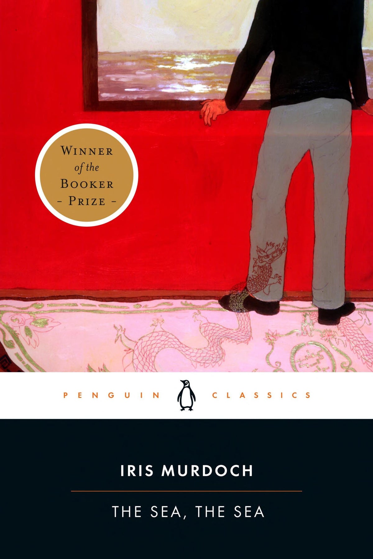 Book cover of 'The Sea, The Sea' by Iris Murdoch with a person standing in front of a red wall.