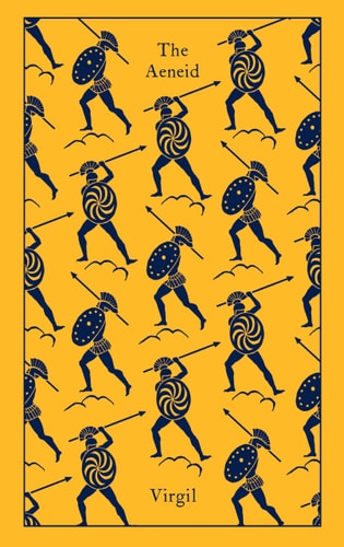 The image features the cover of "The Aeneid" by Virgil, published by Penguin Clothbound Classics. The cover design is adorned with a repeated pattern of illustrations depicting scenes from the epic poem, with characters like Aeneas and other heroes in action.