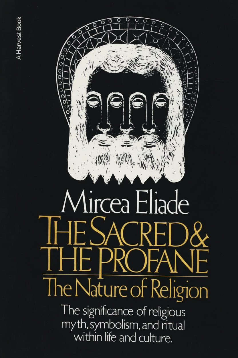 Cover of the book 'The Sacred and The Profane: The Nature of Religion' by Mircea Eliade, featuring a stylized face with a beard and halo in black and white.