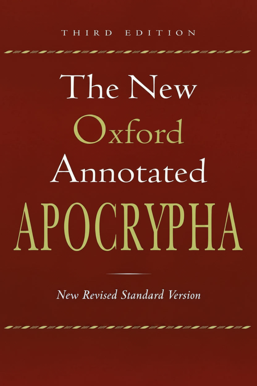 Front cover of the book 'The New Oxford Annotated Apocrypha' Third Edition, featuring a dark red background with gold and white text.