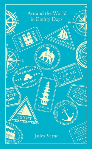 Book cover of 'Around the World in Eighty Days' by Jules Verne, featuring a blue background with decorative elements and text related to the novel's theme of global travel.