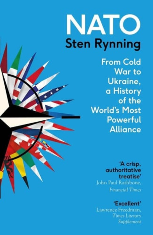 Book cover of 'NATO' by Sten Rynning with a blue background and NATO flags design.