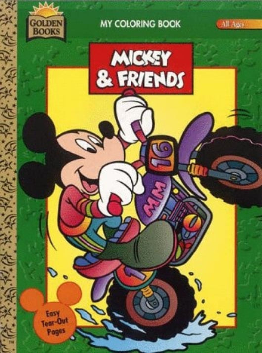 A coloring book cover featuring cartoon characters Mickey Mouse and friends, with Mickey Mouse depicted in colorful attire riding a motorcycle.