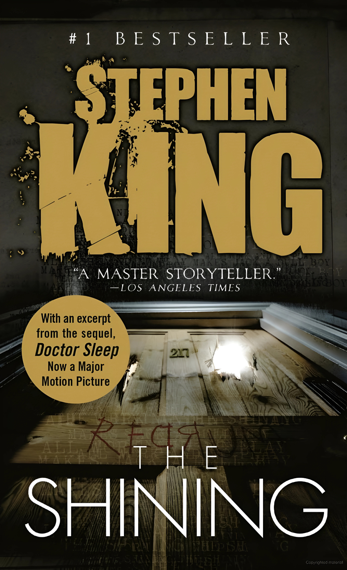 Cover of 'The Shining' by Stephen King, featuring a dark, distorted image of the Overlook Hotel with the author's name and a description of the book as 'A Master Storyteller. A #1 Bestseller.