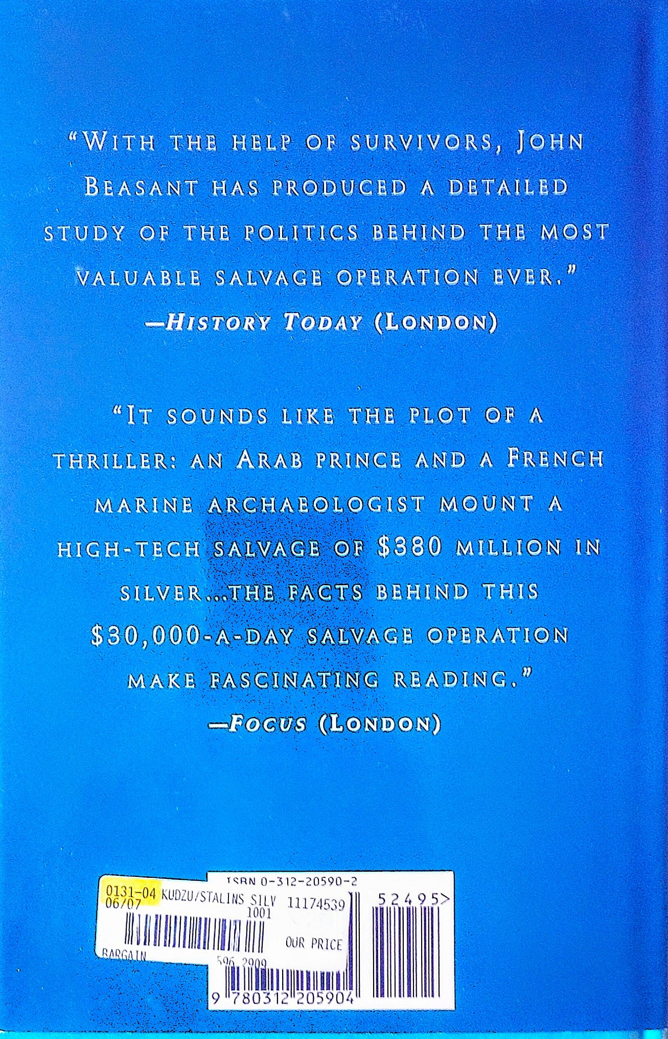 Book back cover of 'Stalin's Silver: The Sinking of the USS John Barry' by John Beasant with text and a barcode on a blue background.